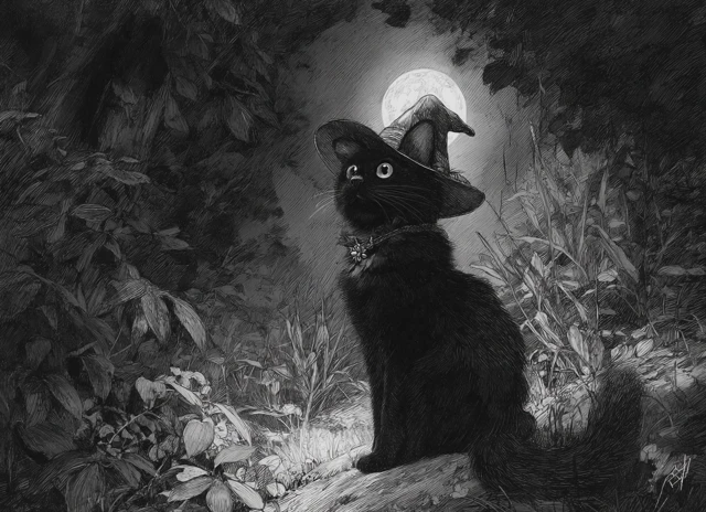Black Cat Witch in Enchanted Forest Ghibli Style