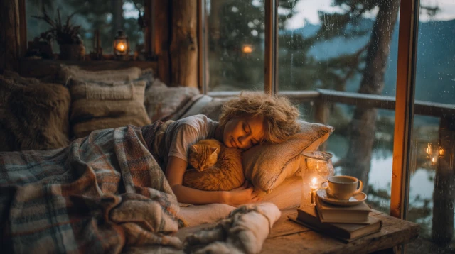 Cozy Cabin Sleep Woman Cat Rain Candles