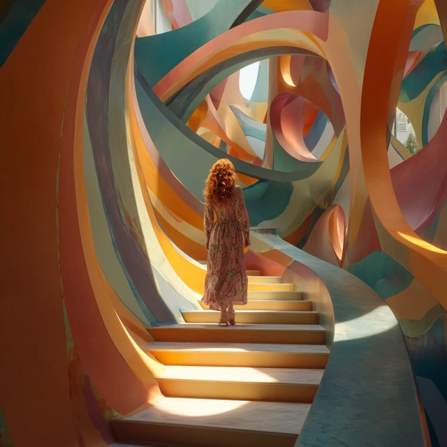 Woman in Floral Dress Walking Abstract Staircase