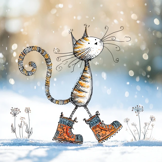 Cartoon Cat in Boots Walking in Snow Illustration