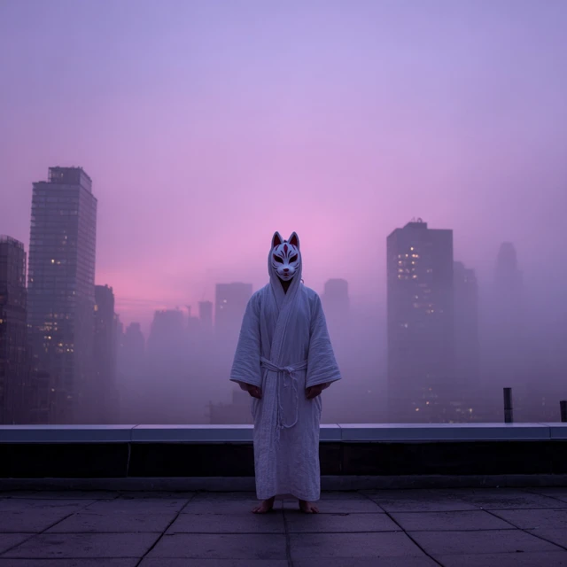 Kitsune Mask Figure on Rooftop at Dawn