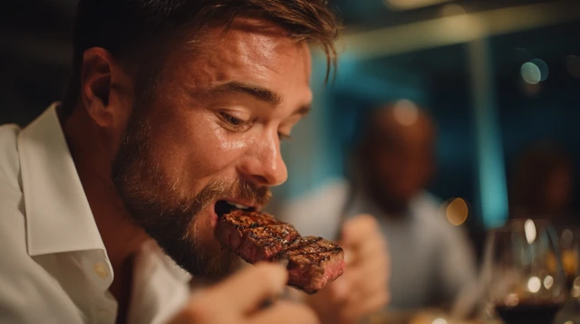 Man Enjoying Steak Fine Dining on Cruise Ship