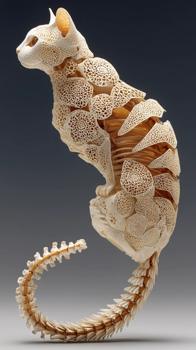 Bone Cat Sculpture: Elongated Tail Porcelain Art