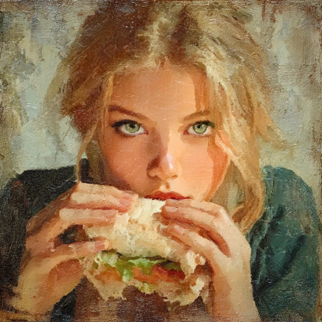 Blonde Girl Eating Hoagie Oil Painting