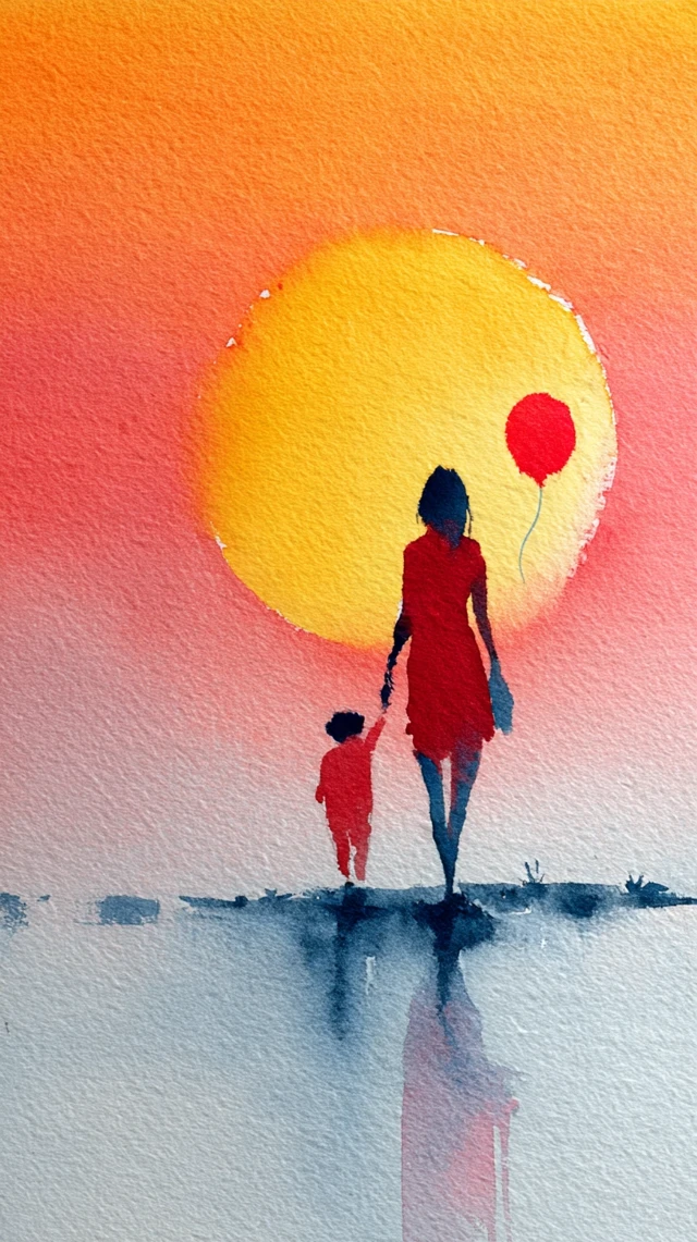 Watercolor Painting: Mother and Child Walking Towards the Sun