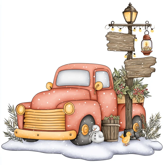 Vintage Red Truck Christmas Illustration