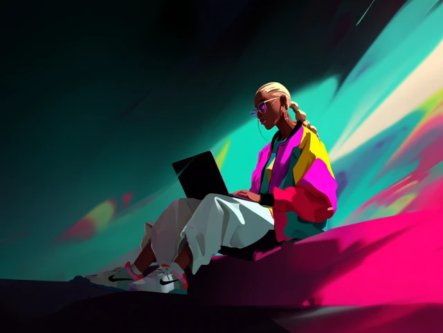 Blonde Woman on Laptop Modern Art Illustration