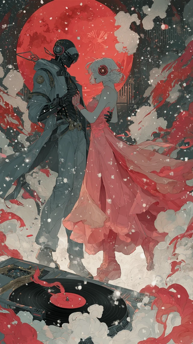 Anime Cyborg Dance in Red Moonlit Snow