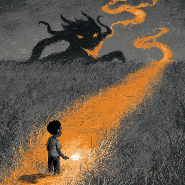 Boy and Fire Demon Illustration