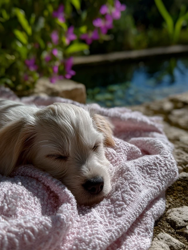 Sleeping Puppy by the Pool: Gentle Snooze in the Sun