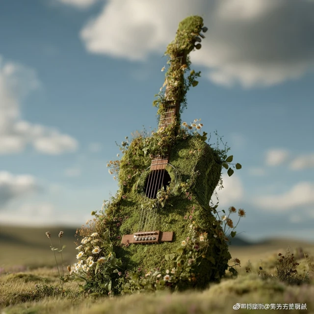 Giant Guitar on Meadow: Dreamy Art Poster