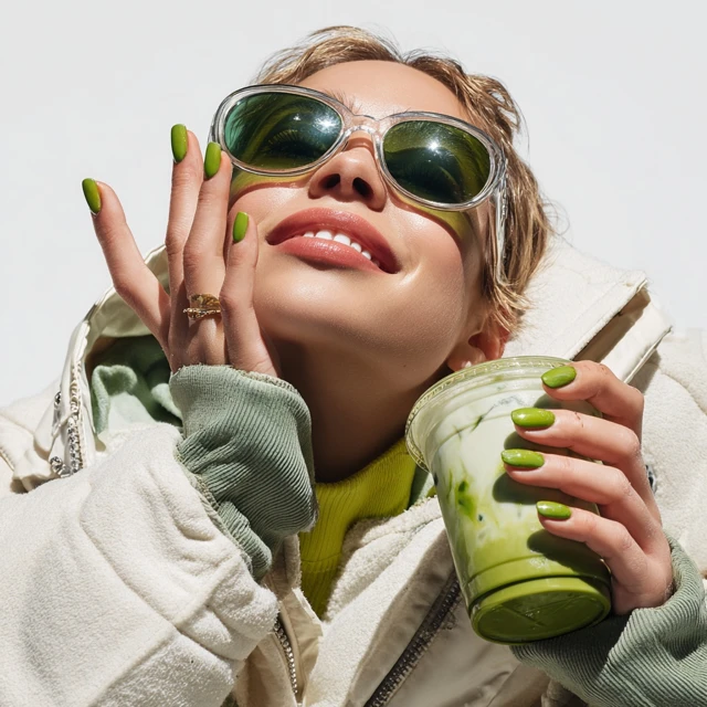 Blonde Woman with Matcha Green Nails Sunglasses and Matcha