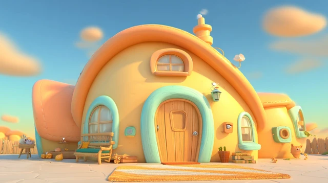 Cozy Pixar House Exterior Pastel Colors Sunny Sky