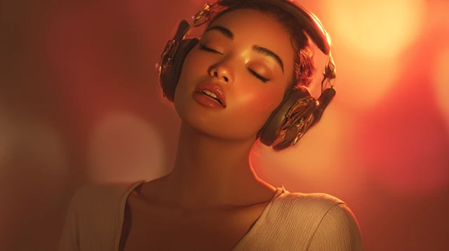Beautiful Girl with Headphones Listening to Music