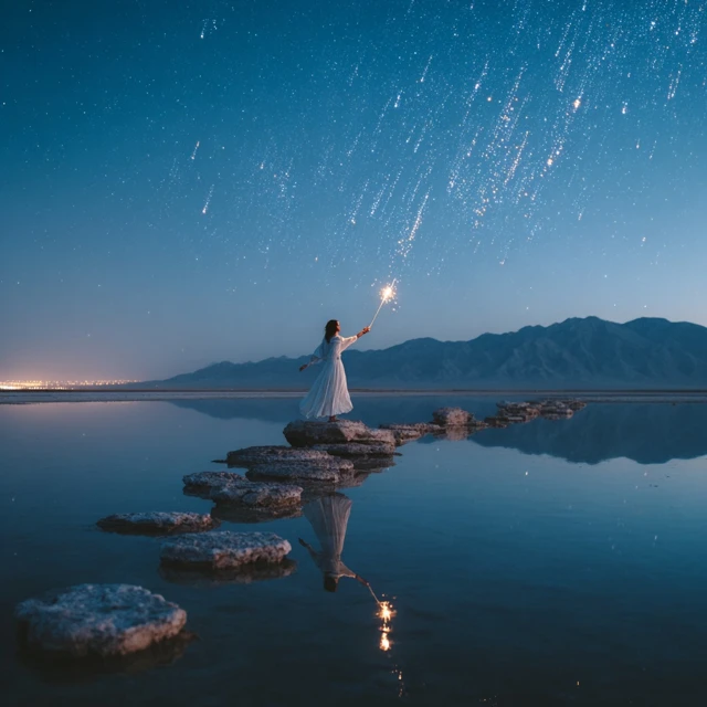 Woman with Wand Shooting Stars Over Lake Photography