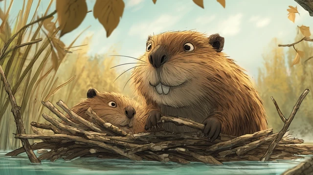 Beavers Building Lodge Illustration