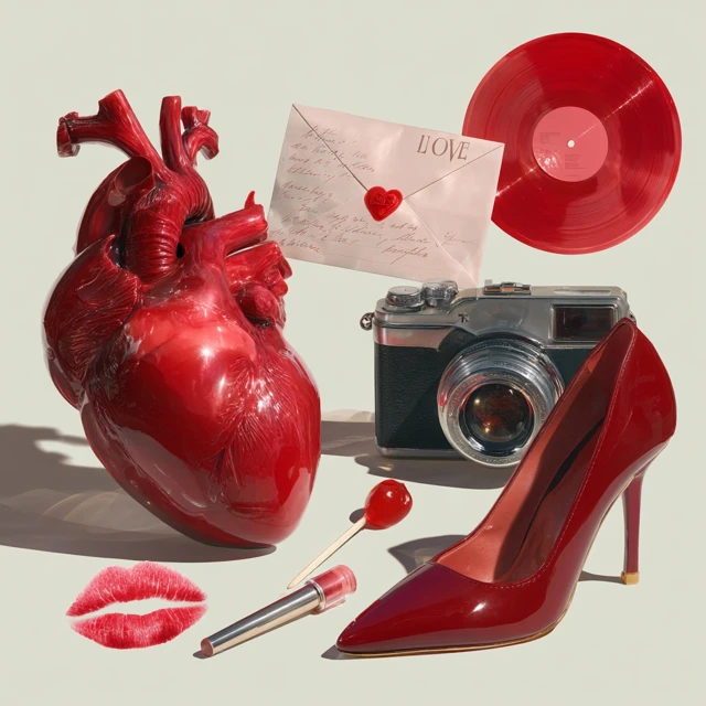 Red Themed Collage Love Letter Vinyl Record Heart Camera