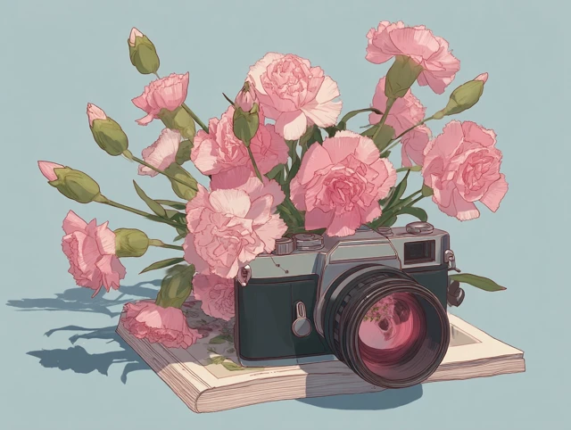 Carnation Bouquet with Camera Illustration