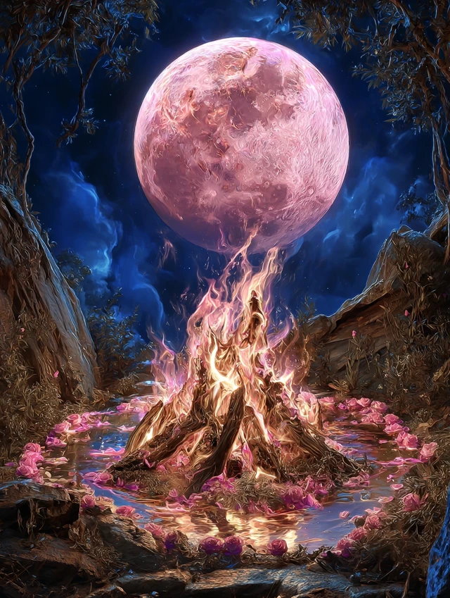 Pink Moon Bonfire Night Sky Surreal Art