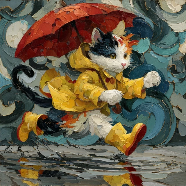 Calico Cat in Raincoat Painting Impasto Art