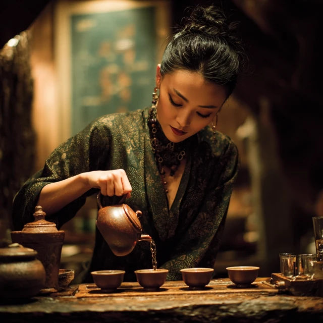 Asian Woman Pours Tea Traditional Tea Ceremony