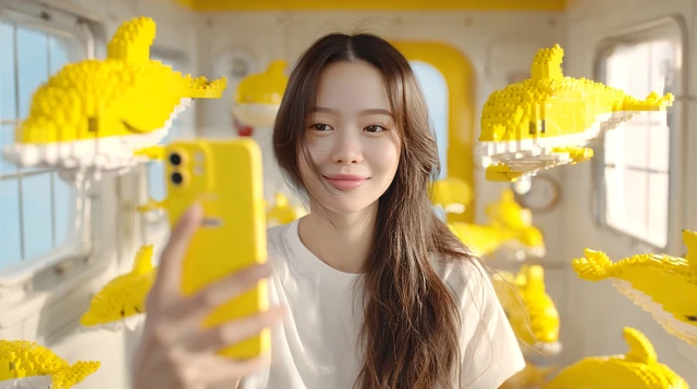 Woman Taking Selfie with LEGO Dolphins in Yellow Cabin