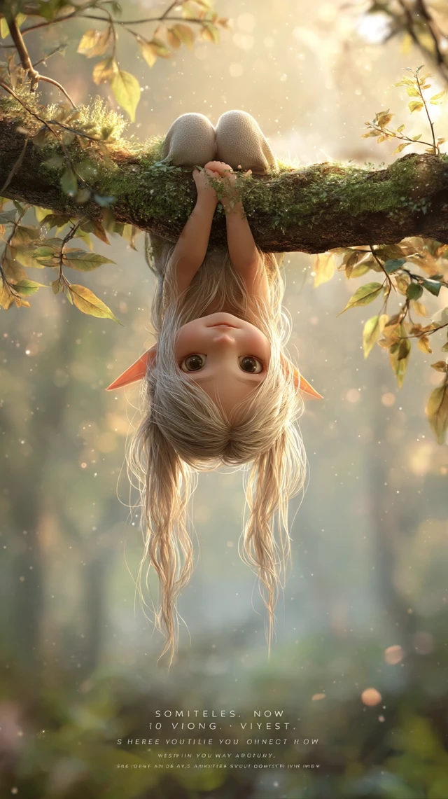 Elf Child Upside Down in Forest Dawn