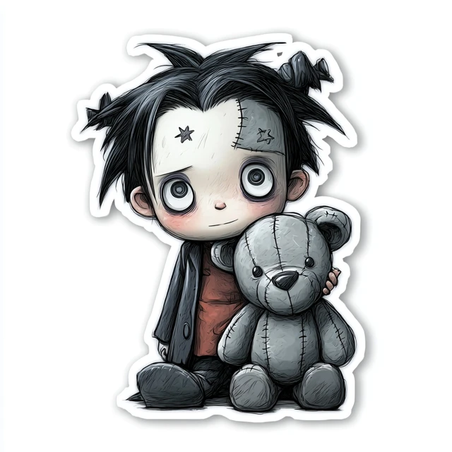 Gothic Doll Boy Sticker with Teddy Bear Vector Art