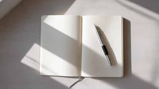 Notebook and Pen on White Wooden Desk