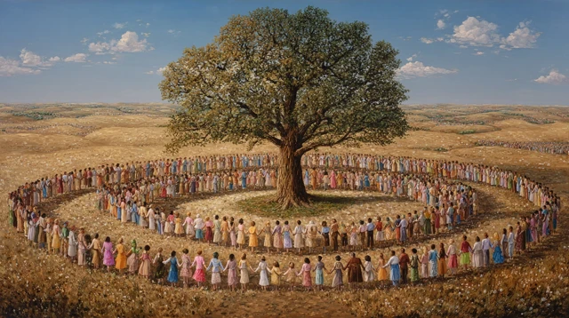 Prairie Scene A Circle of People Around a Giant Tree
