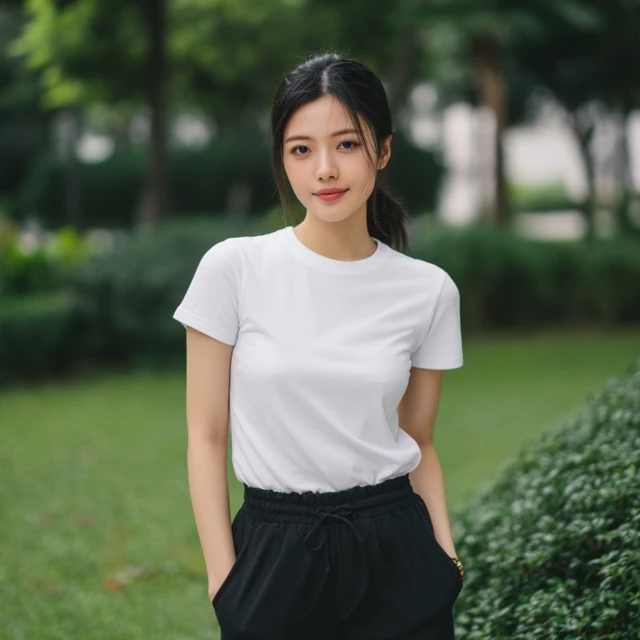 Elegant Chinese Lady in White TShirt Fashion Photo