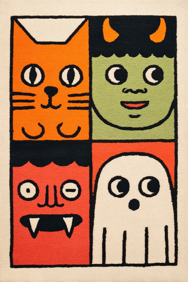 Colorful Cartoon Rug with Monster Faces
