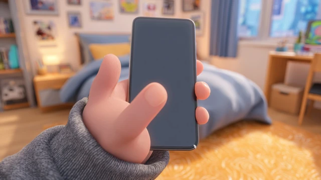 3D Cartoon Finger Tapping Phone in Bedroom