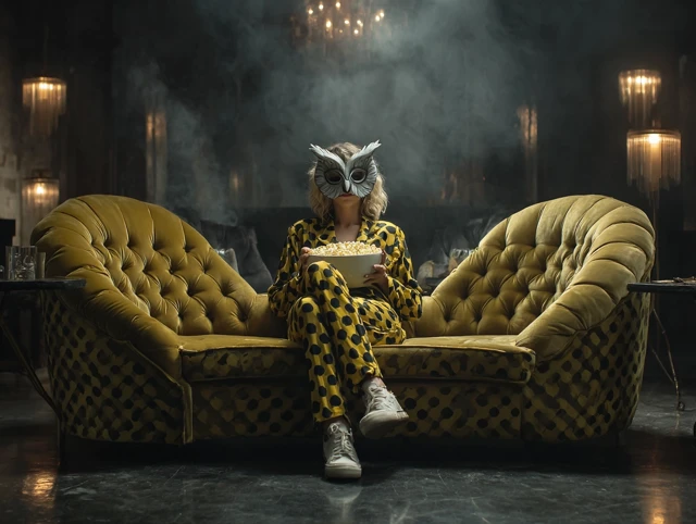 Glamorous Woman in Owl Mask, Dark Fantasy Scene