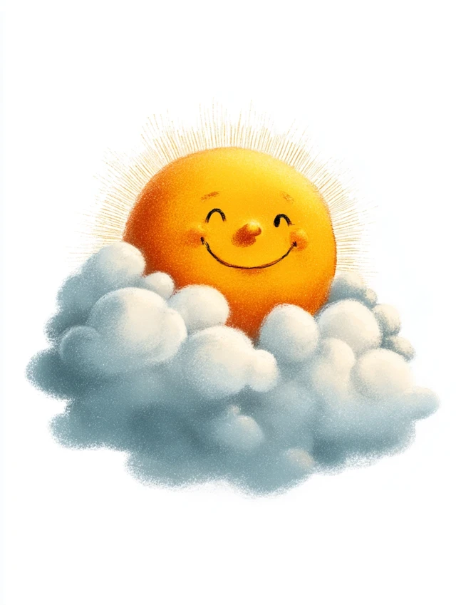 Smiling Sun Behind Clouds Childrens Book Illustration