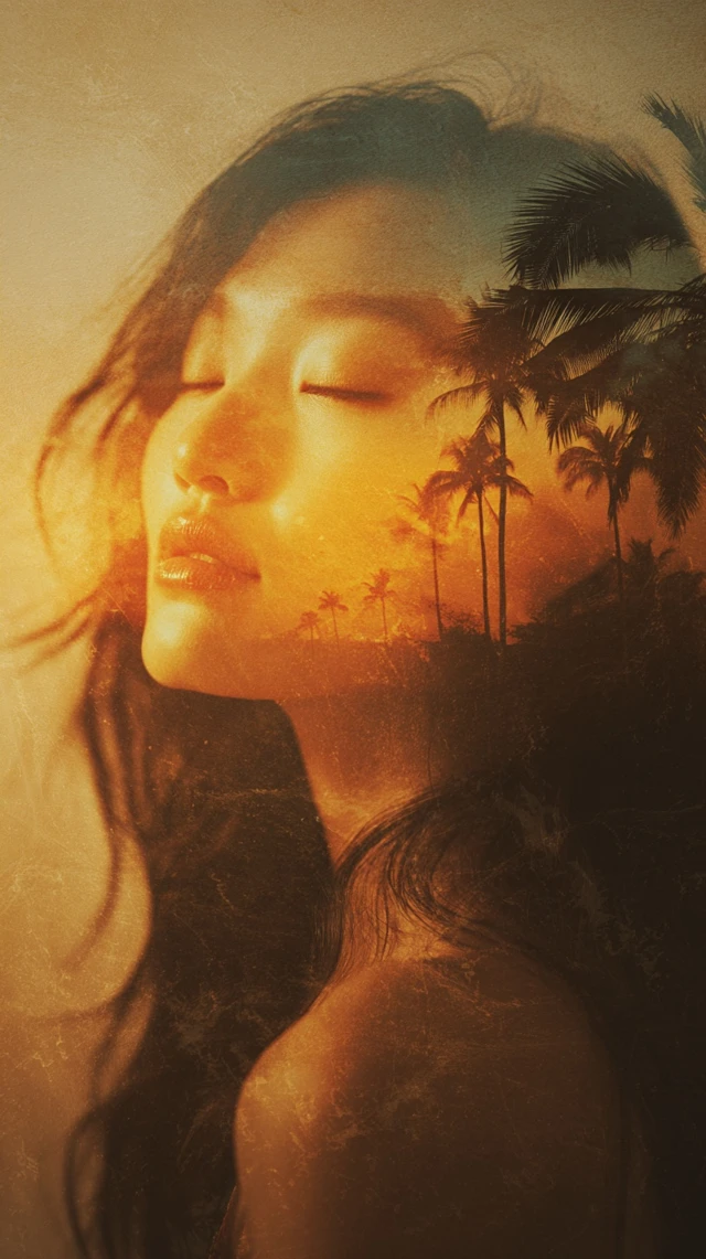 Asian Woman Portrait Sunset Palms