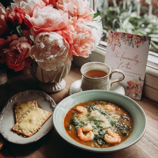 Cozy Kitchen Scene: Soup, Tea, and Peonies