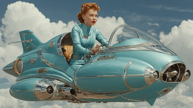 Retro Futuristic Girl Flying Aero Machine