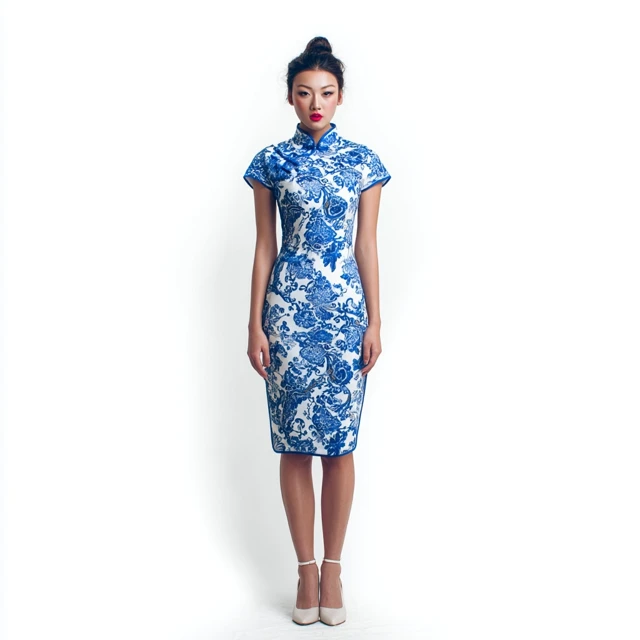 Chinese Girl in Blue Porcelain Cheongsam Dress
