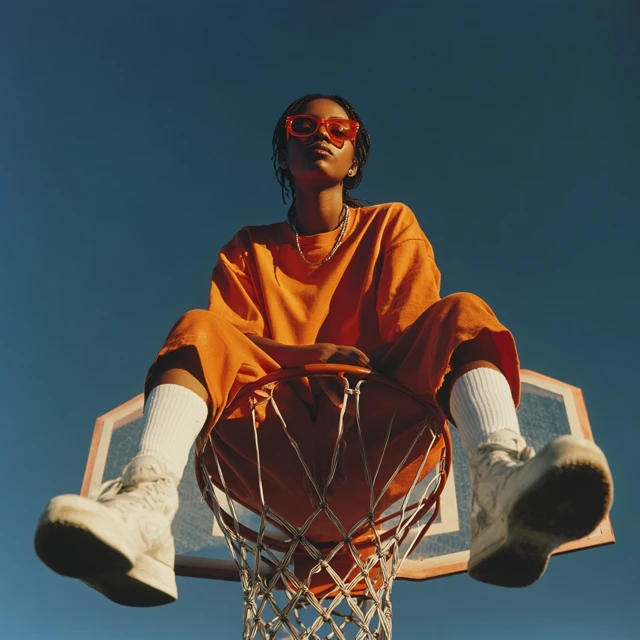 Black Woman on Basketball Hoop Portrait