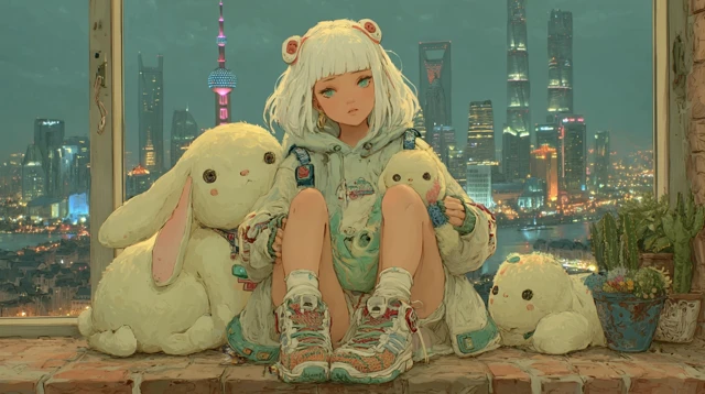 Anime Girl in Shanghai at Night