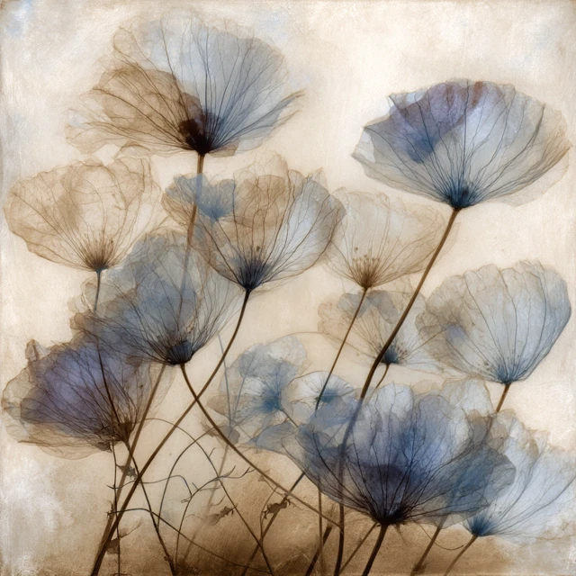 Translucent Flower Heads Cyanotype Art