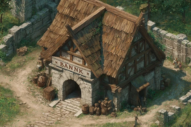 Medieval Fantasy Bank Sunny Day Illustration