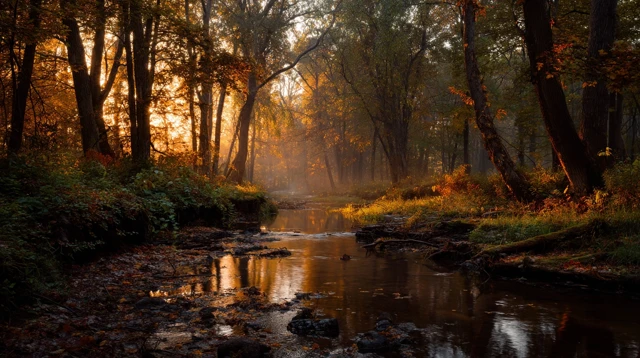 Autumn Forest Sunset Serene Scene