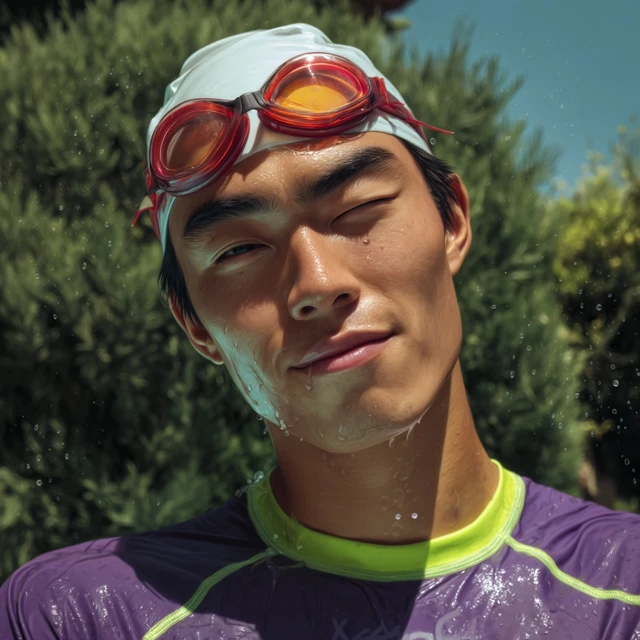Asian Swimmer with Goggles Whimsical Portrait
