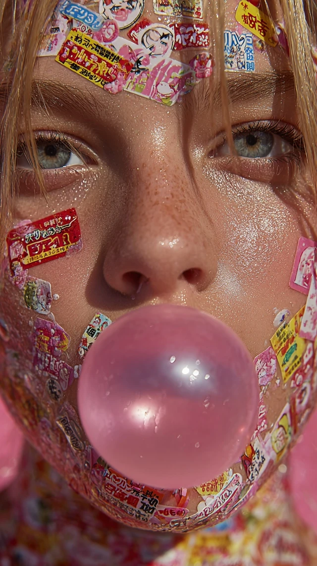 Woman with Stickers Blowing Bubble Gum