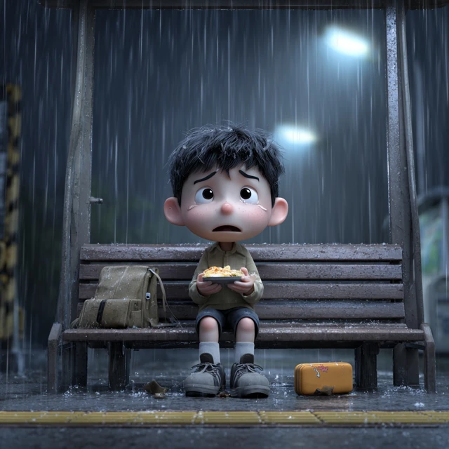 Sad Korean Schoolboy in Rain 3D Cartoon