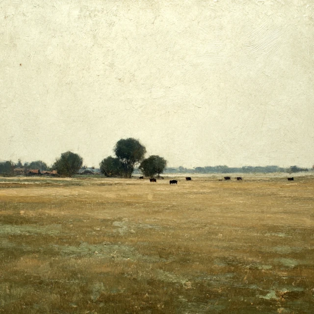 Minimalist Landscape Painting Bison in Open Field