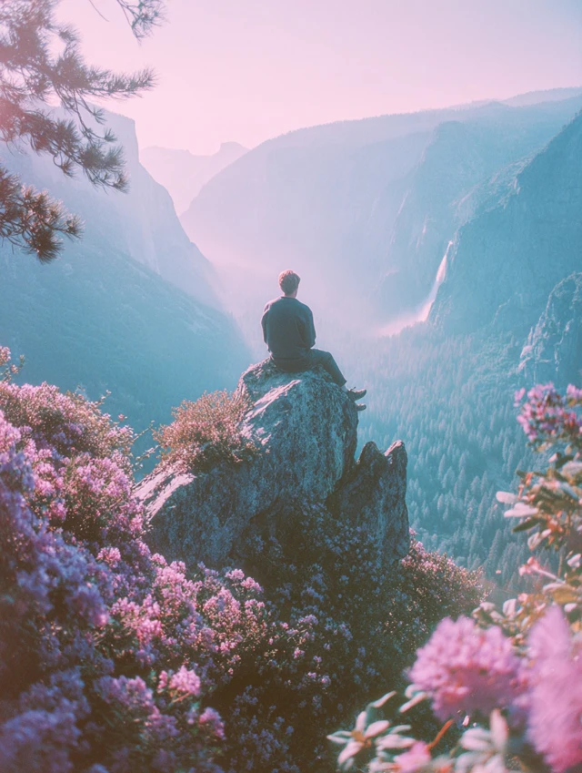 Man on Mountain Peak Forest and Waterfall View
