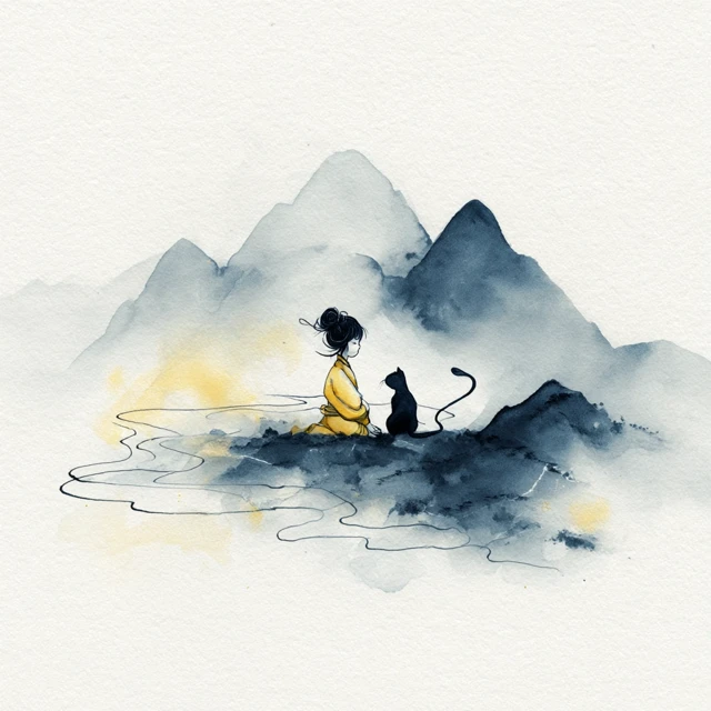 Chinese Girl Cat Zen Mountain Illustration Art